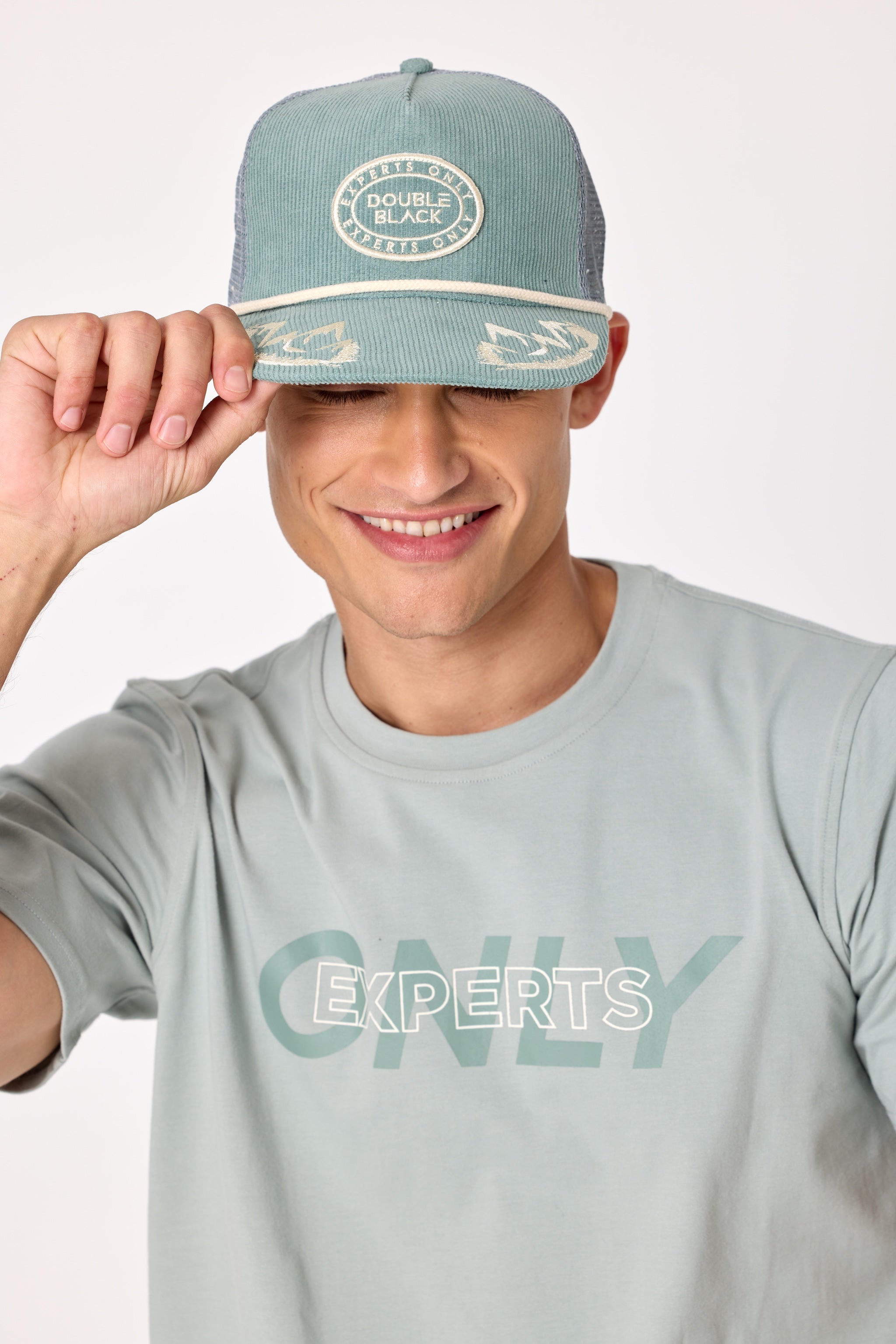 Double Black Corduroy Trucker Hat in Sage 