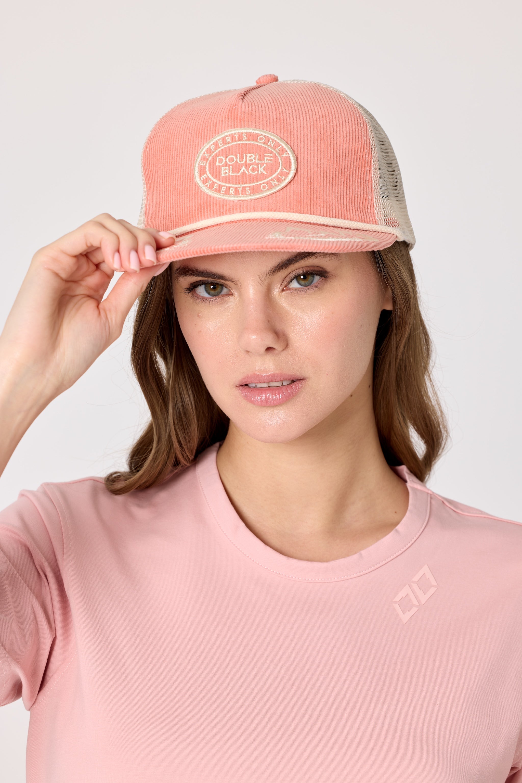 Double Black Corduroy Trucker Hat in Salmon 