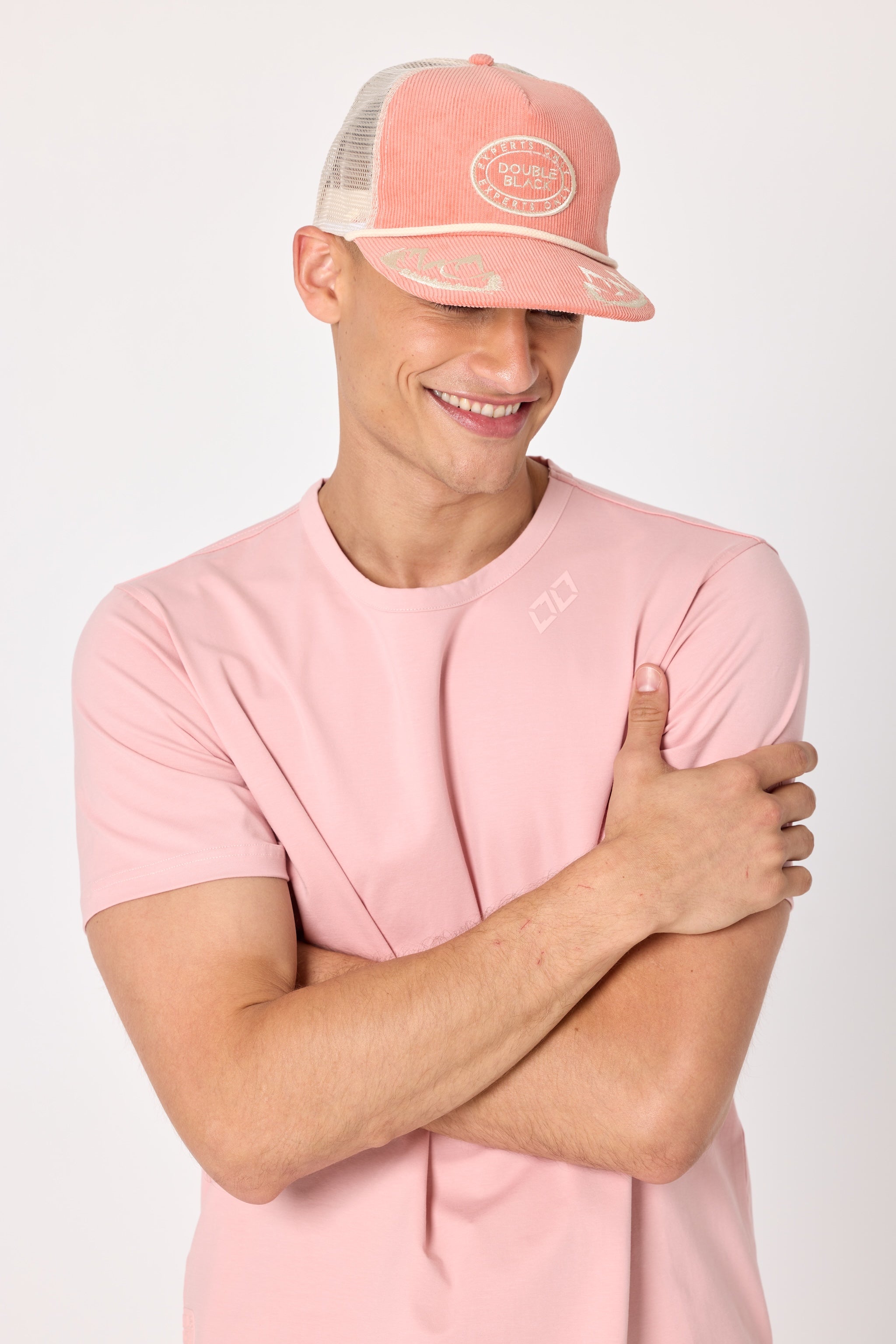 Double Black Corduroy Trucker Hat in Salmon 