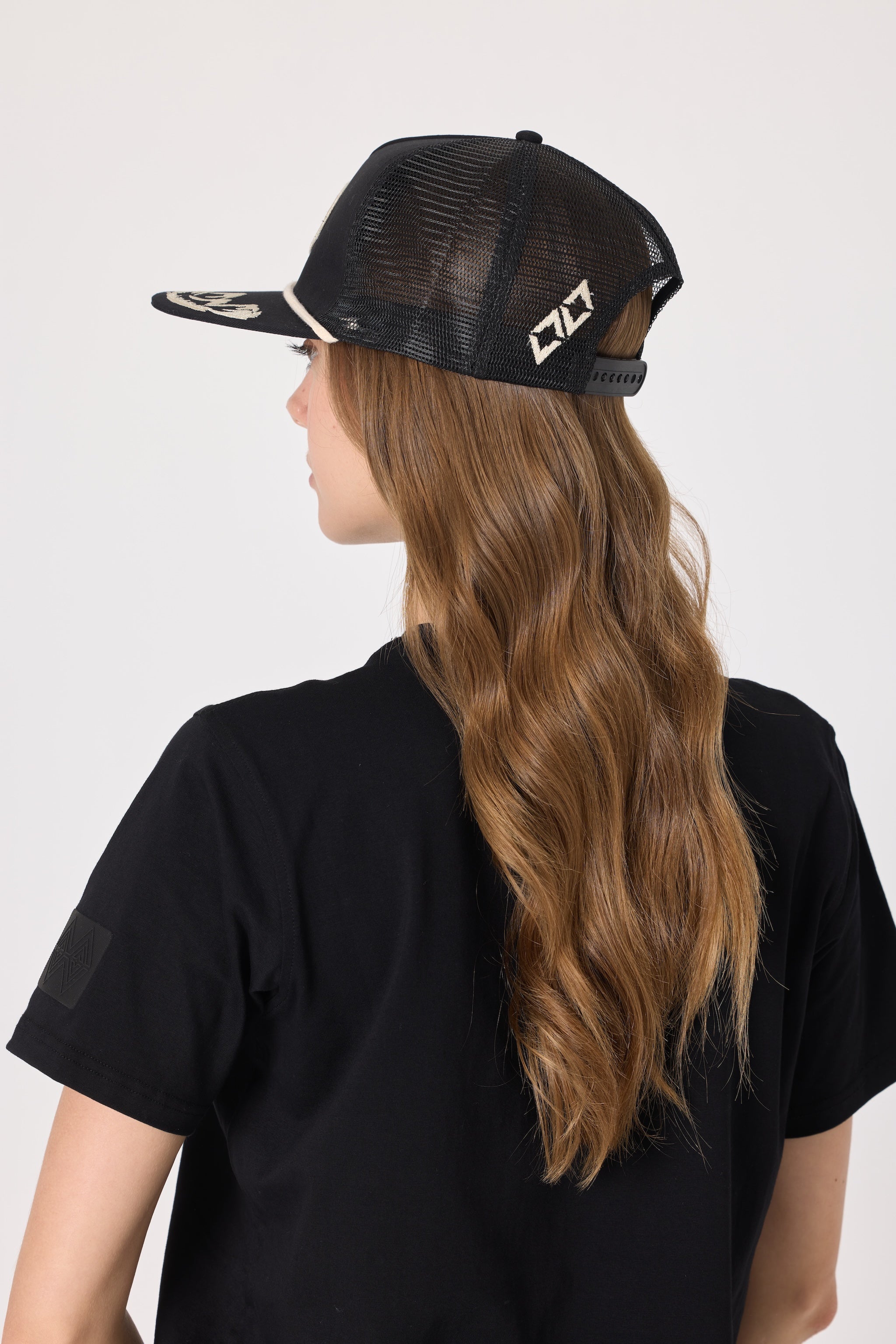 Double Black Corduroy Trucker Hat in Black back view 