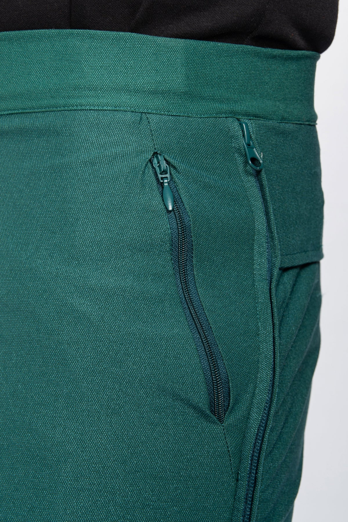 Double Black Tech Pant in Teal zipper pocket