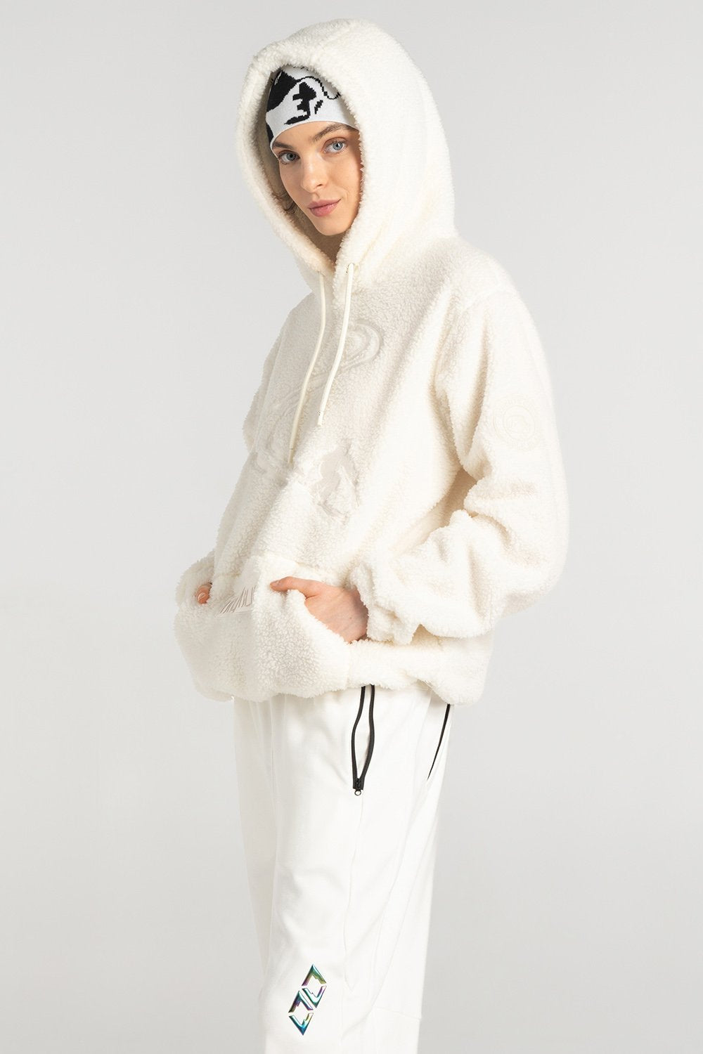 Double Black Sherpa Hoodie in white with skier graphic