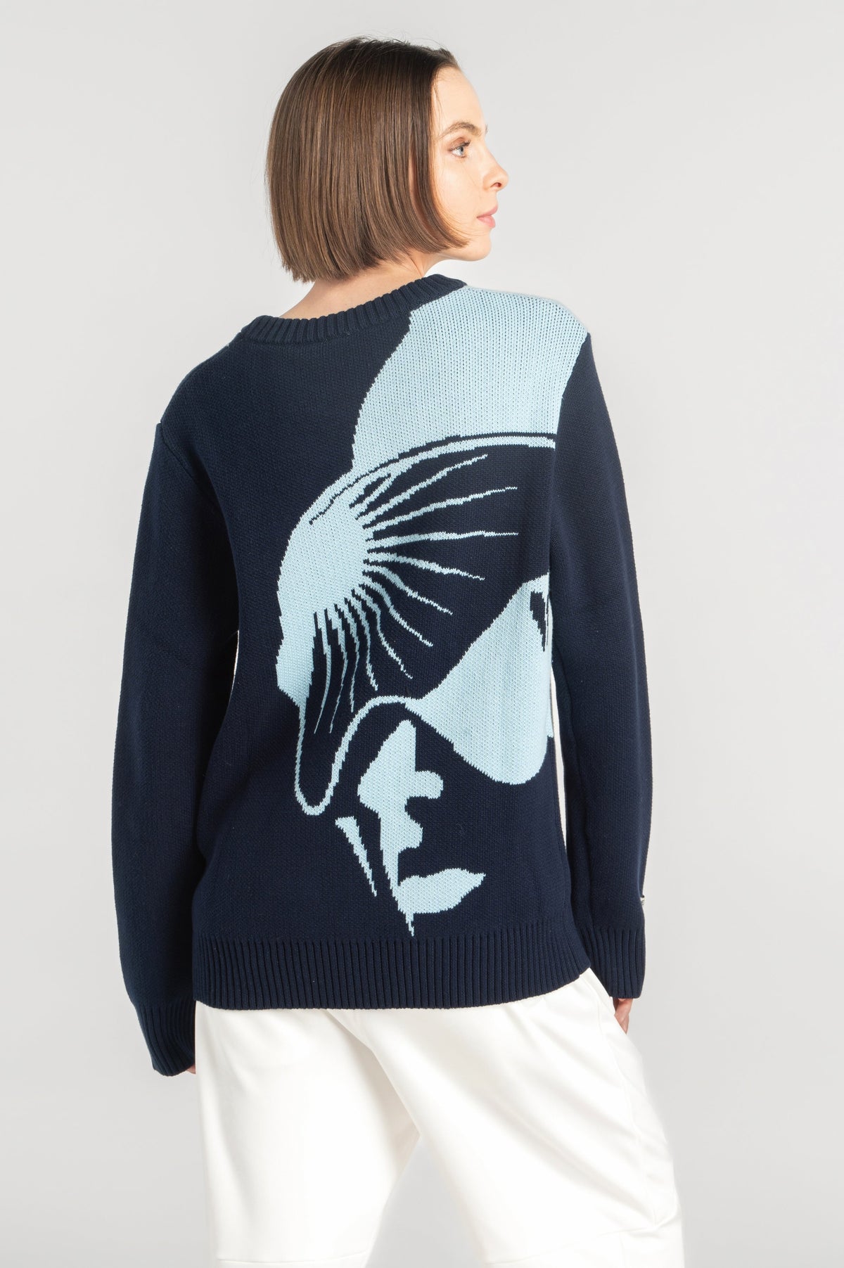 Double Black On The Mountain Sweater in blue back view