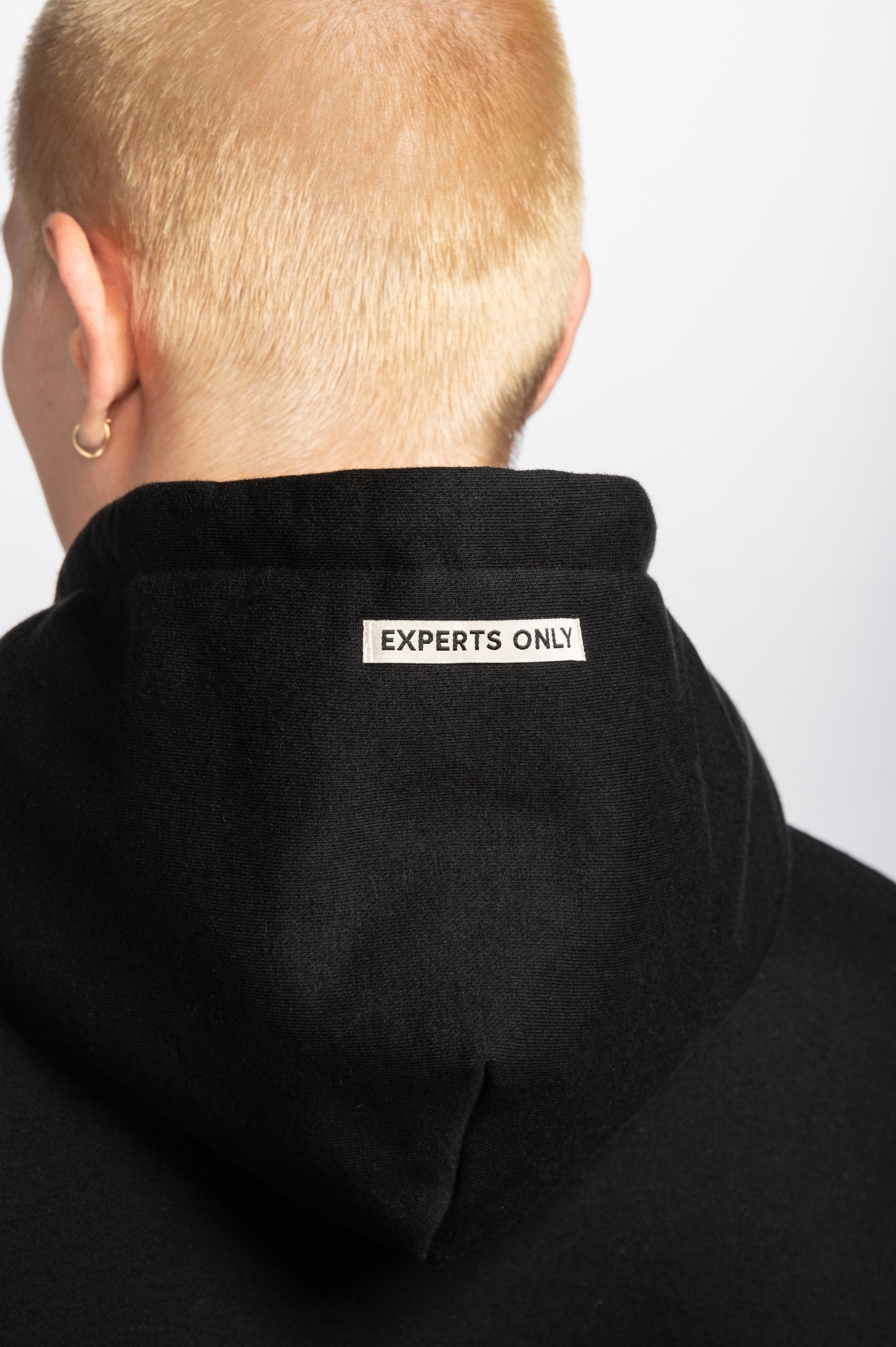 Double Black Classic Hoodie in black experts only hood label