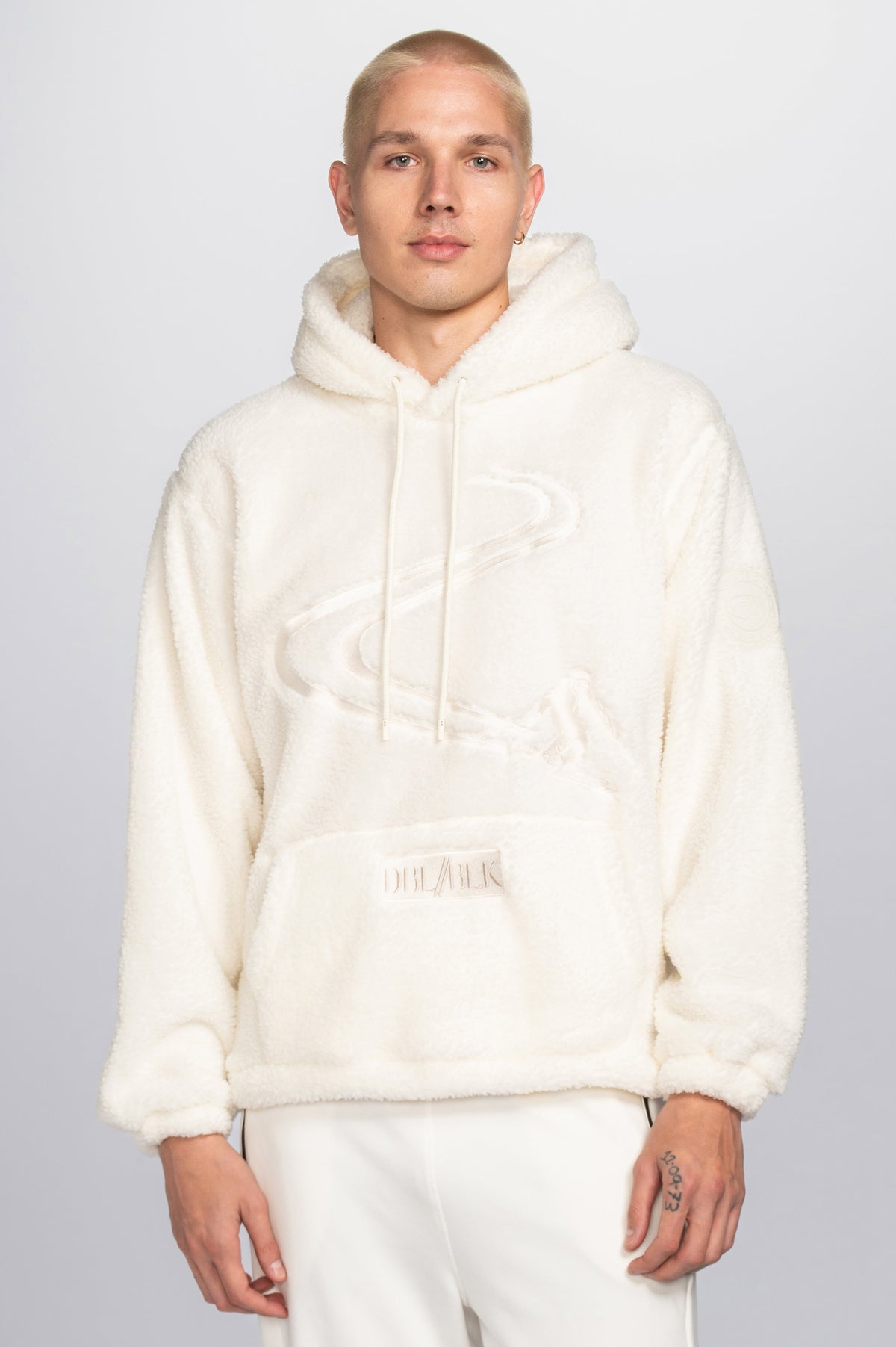 Double Black Sherpa Hoodie in White with skier graphic