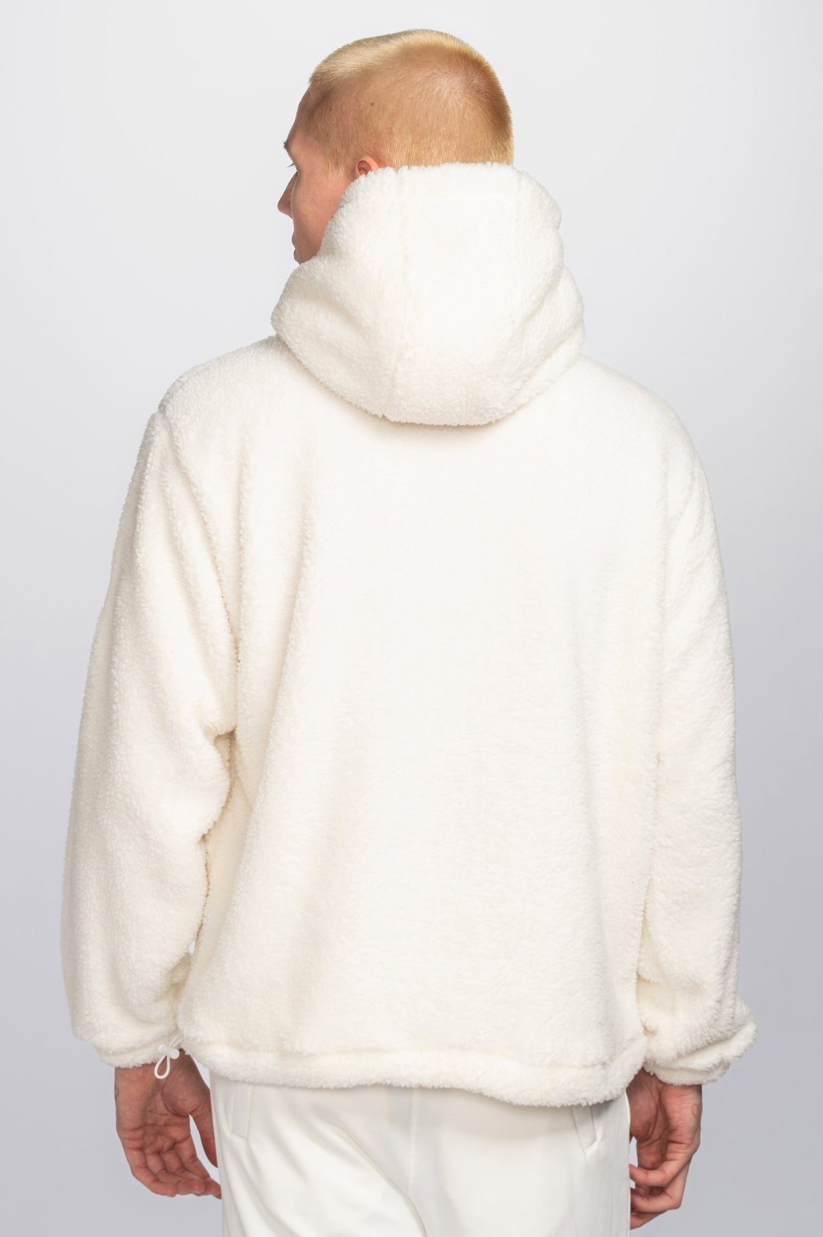 Double Black Sherpa Hoodie in white - back view