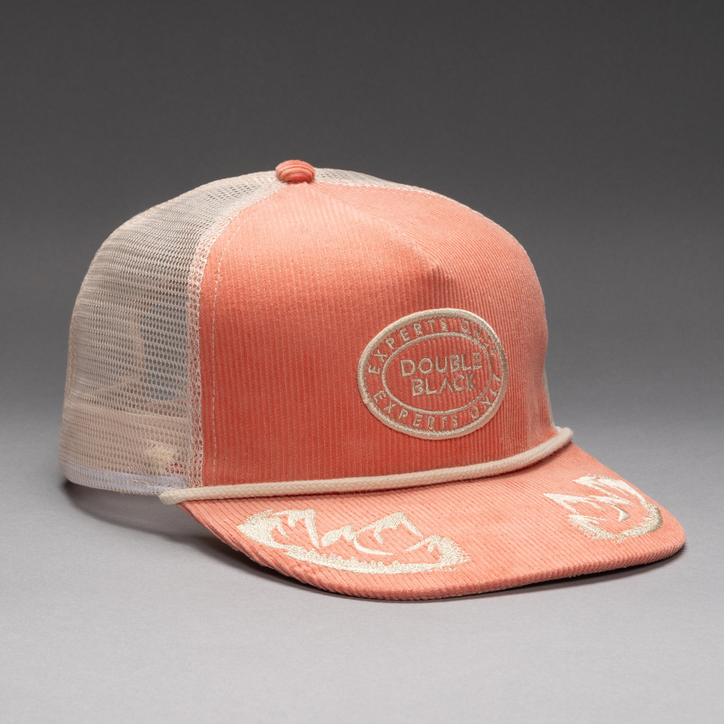 Double Black Corduroy Trucker Hat in Salmon 
